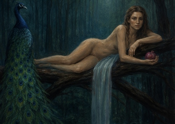 Persephone — original oil on canvas by Jacky Brown; peacock blue, teal and emerald