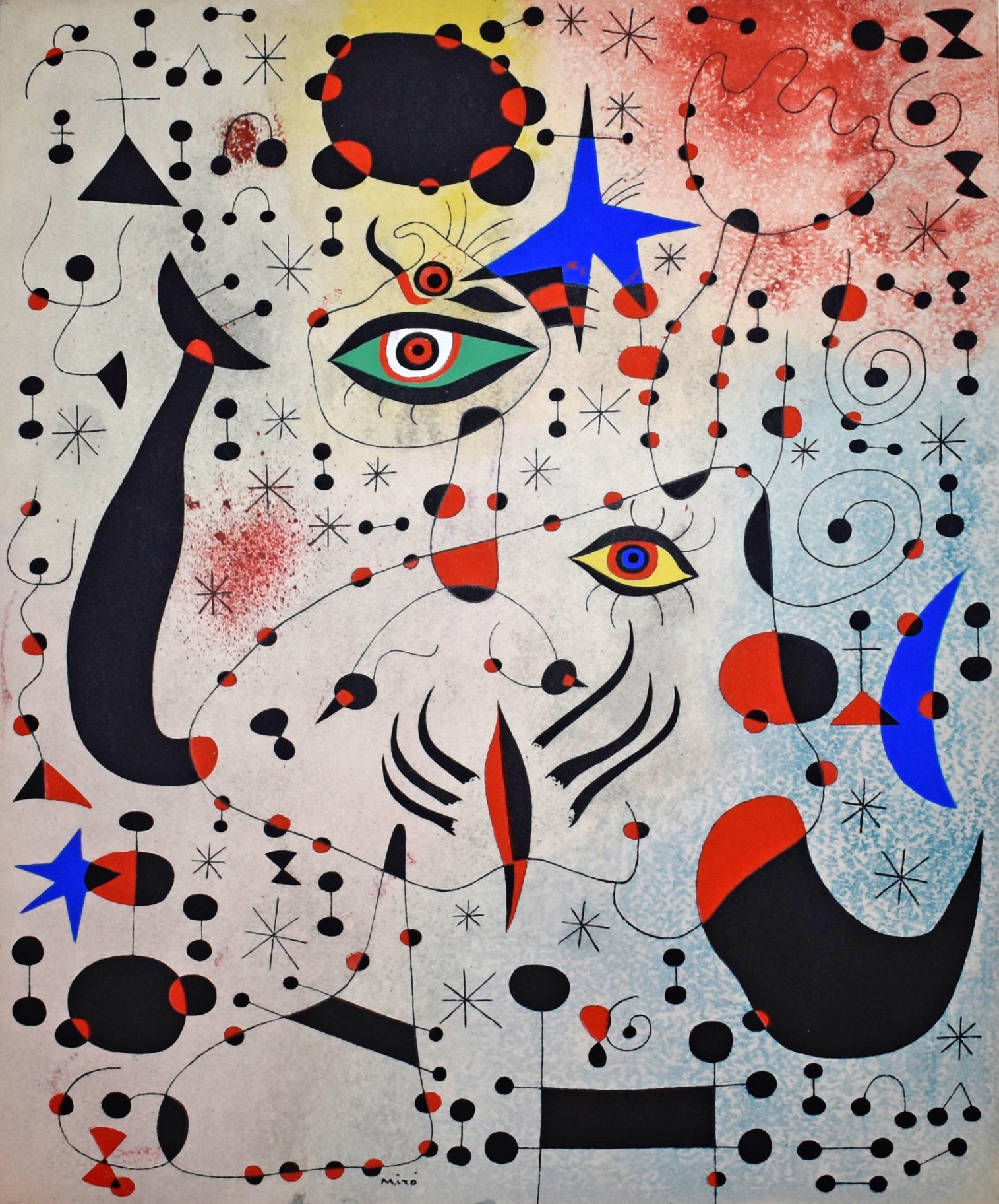 Original painting — graphic primaries and black forms on off-white