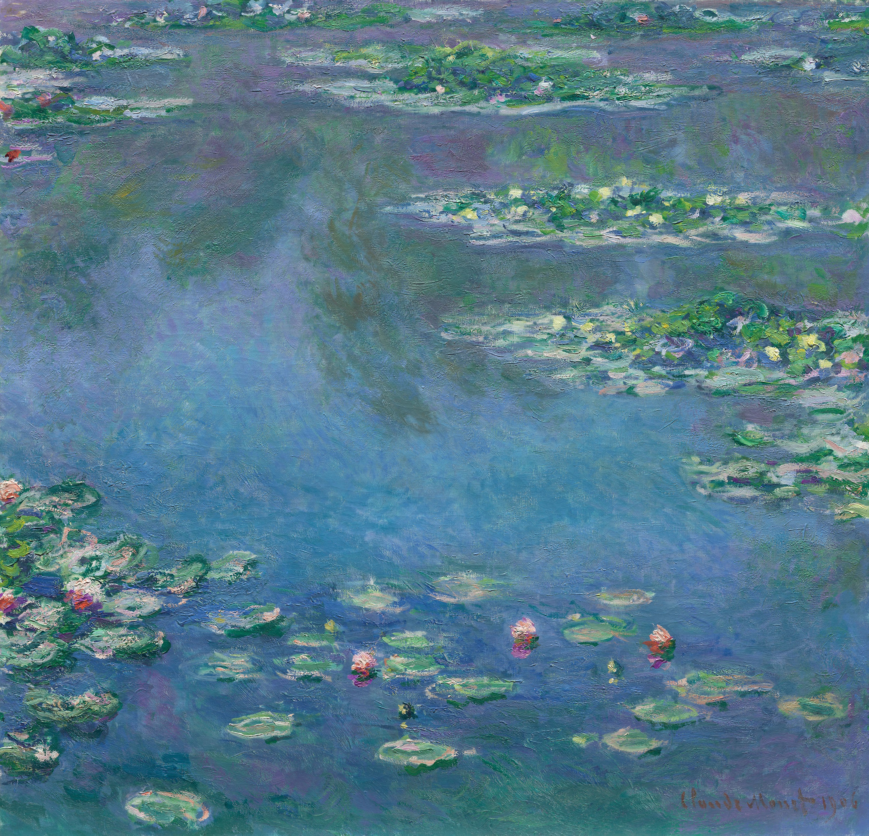 Original painting — water lilies in blues, greens and pale rose